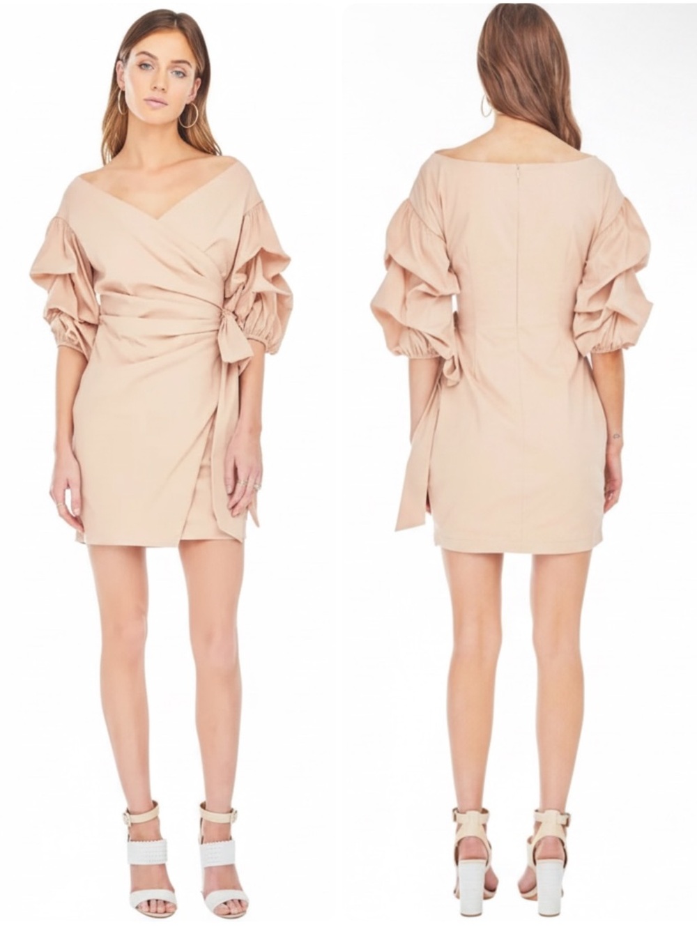 Astr The Label Shea Cotton-Blend Layered Puff-Sleeve Wrap Tan Mini Dress $189